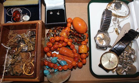 Small quantity of amber, silver & costume jewellery, wristwatches, etc.